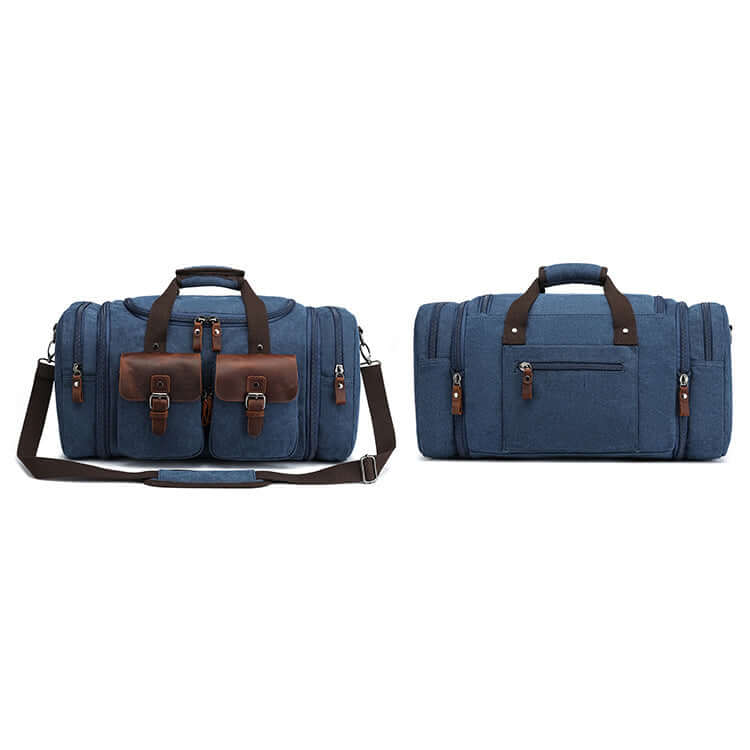 Blue vintage canvas travel bag with leather trim