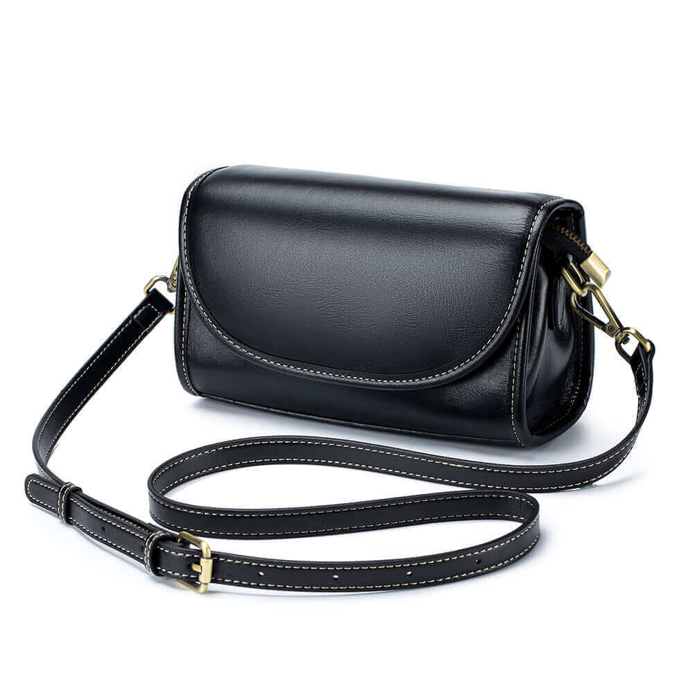 Front view of the vintage leather crossbody bag with glossy finish