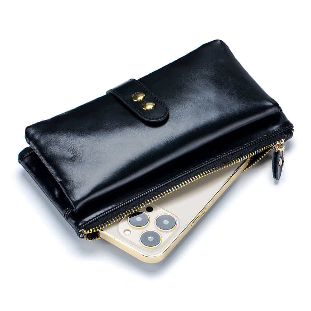 Long leather wallet for women, perfect for carrying money and essentials.