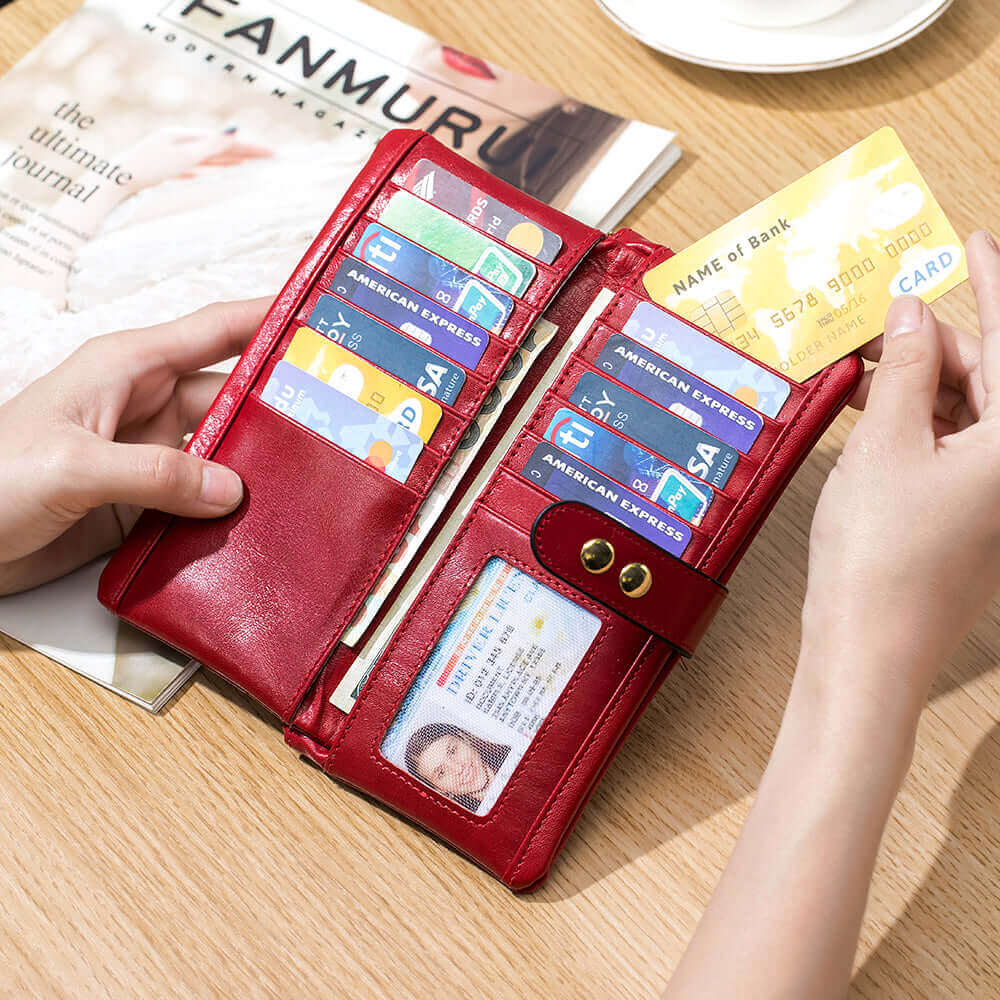 Open view of vintage oil wax leather wallet with card slots