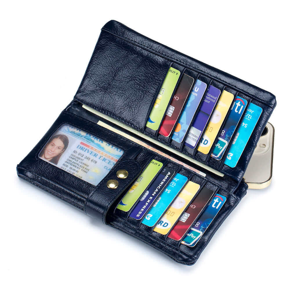 Leather wallet filled with cash and cards for daily use.

