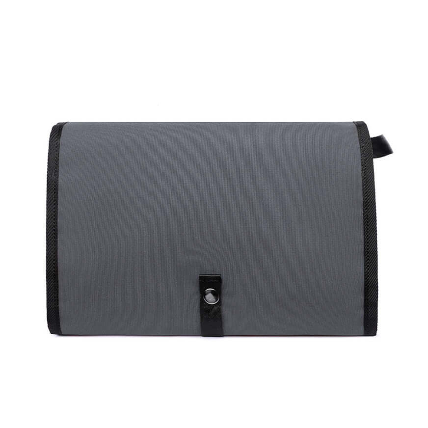 Grey wash bag featuring zippered compartments