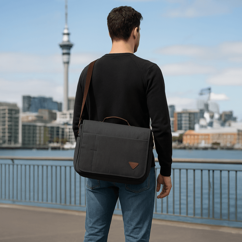 Casual use of waterproof 15 inch laptop shoulder messenger bag in black.