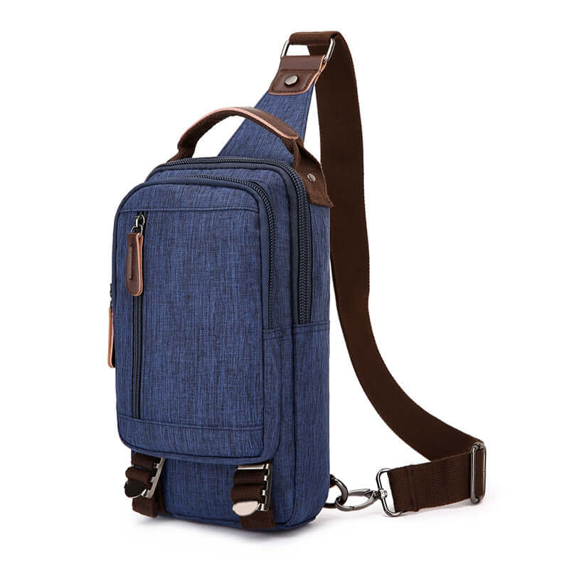 Front view of waterproof small sling bag in blue, ideal for men and women in New Zealand.