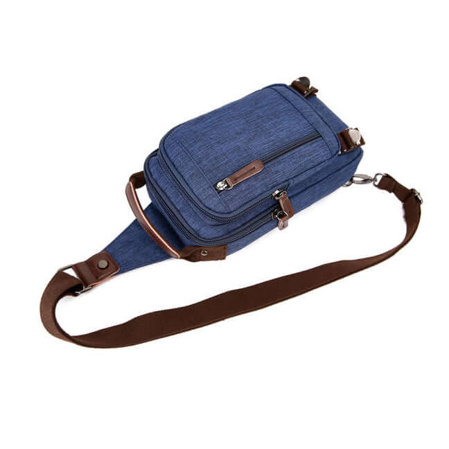 Adjustable strap detail of the waterproof sling bag in blue.