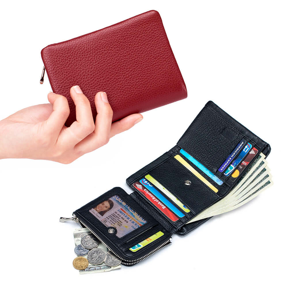 Compact genuine leather wallet with trifold design