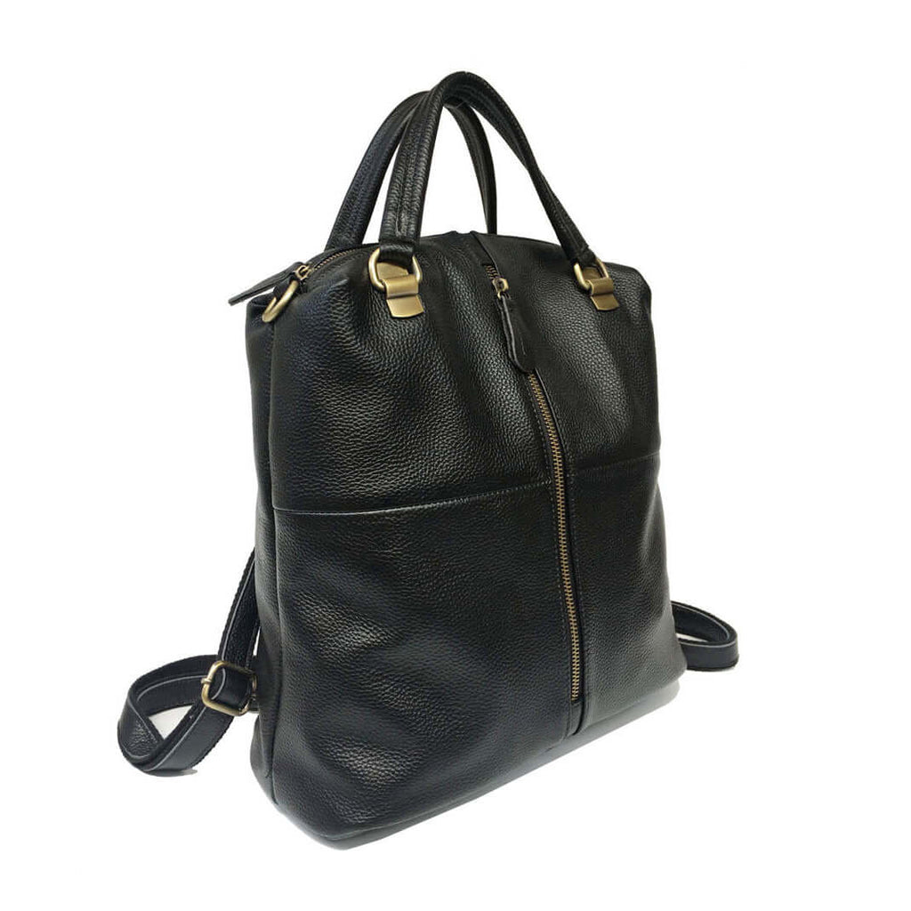 Elegant women's black leather backpack showcasing a modern design.