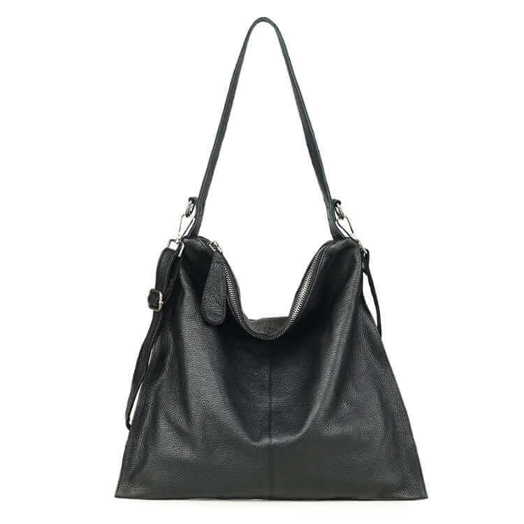 Front view of women's large leather tote bag in black.