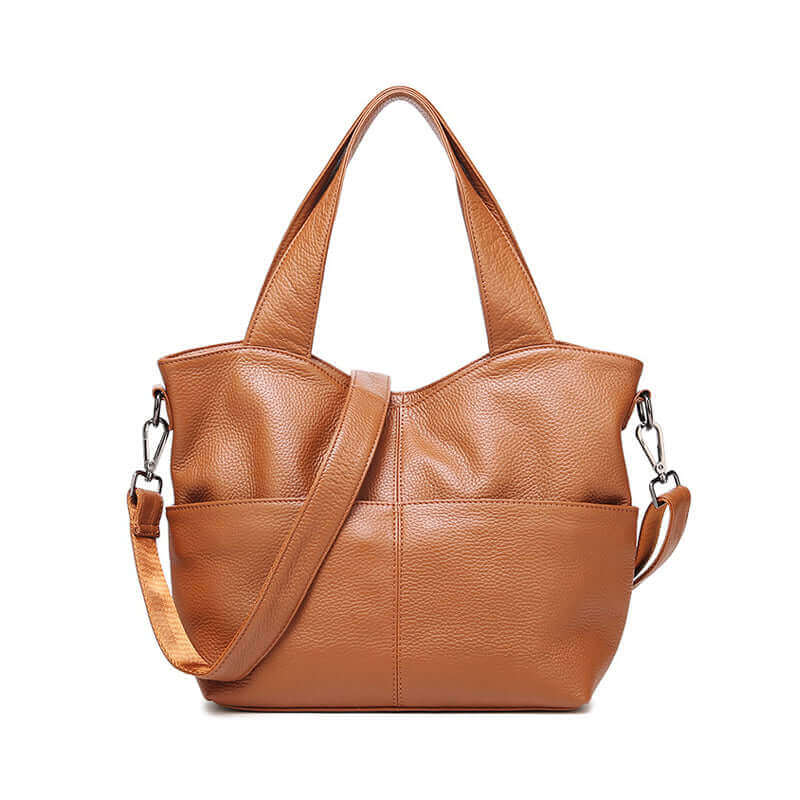 Front view of a women's leather tote handbag showcasing its premium leather material and elegant design.