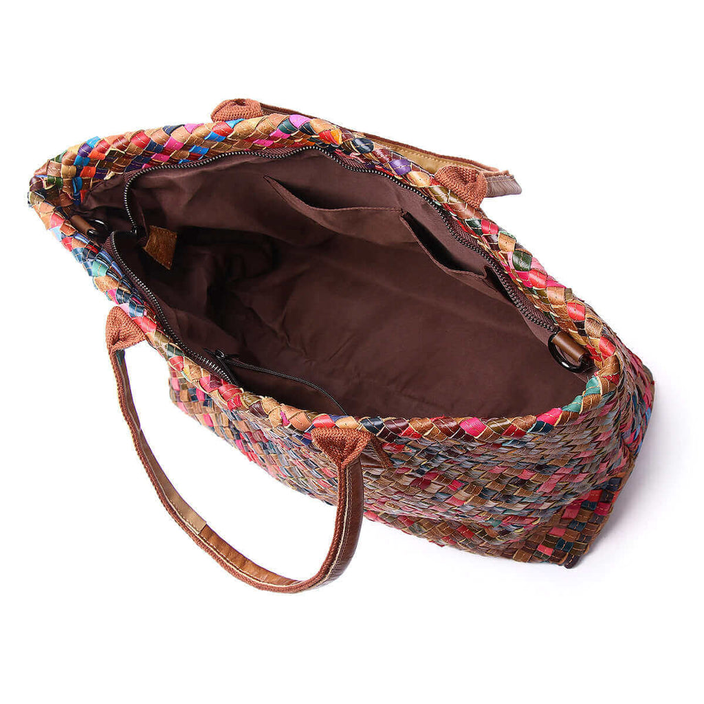 Large capacity colorful woven leather tote bag ideal for daily use.