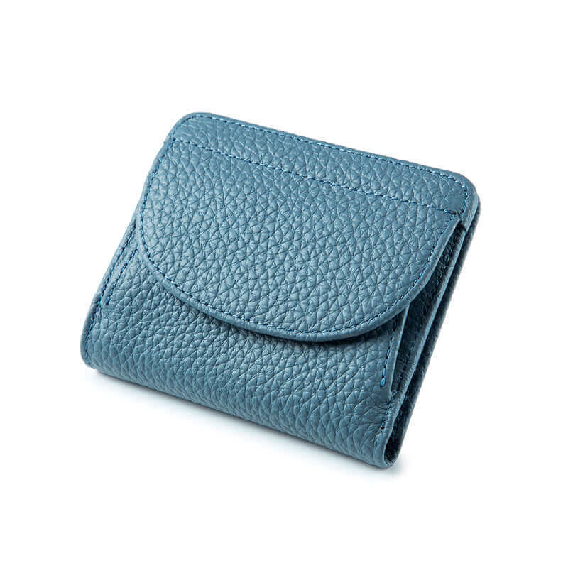 Women's genuine leather RFID slim wallet in blue, featuring minimalist design and multiple compartments.