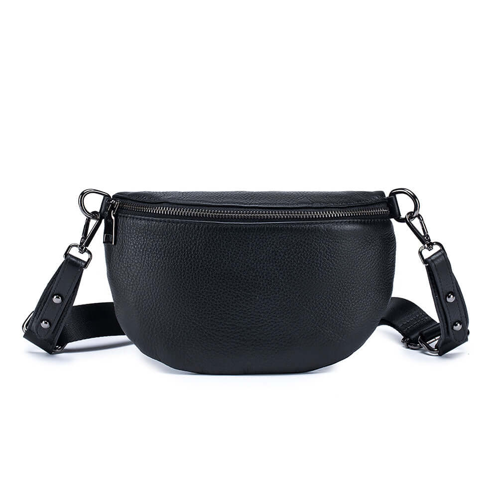 Women's genuine leather waist bag front view.