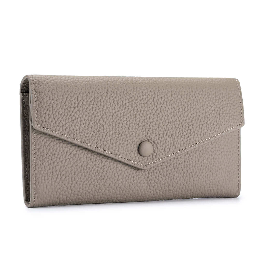 Women's Leather Bifold Envelope Wallet in gray, with organized compartments.