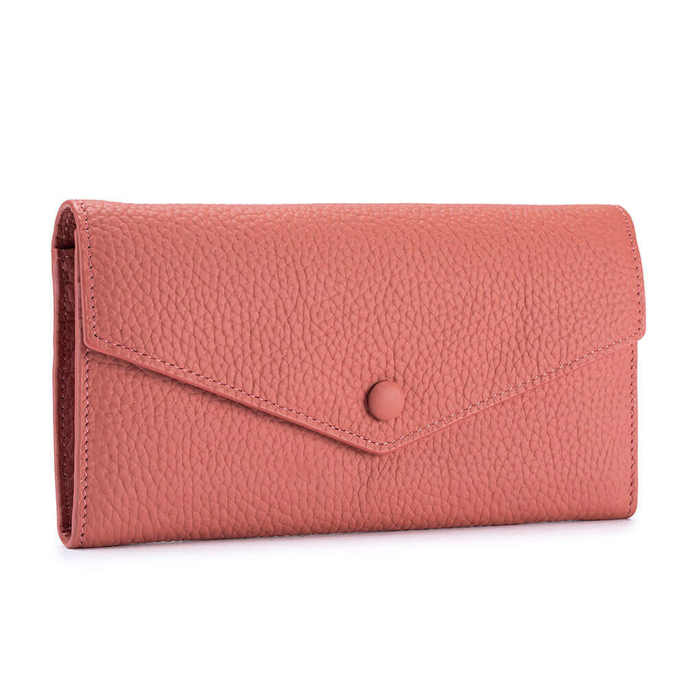 Front view of the Women's Leather Bifold Envelope Wallet in pink, featuring a soft leather texture.