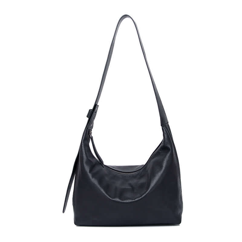 Women's leather shoulder and crossbody bag in black, front view.