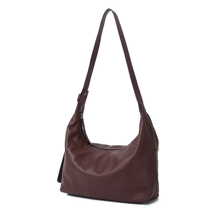 Side view of the women's coffee brown leather shoulder and crossbody bag.