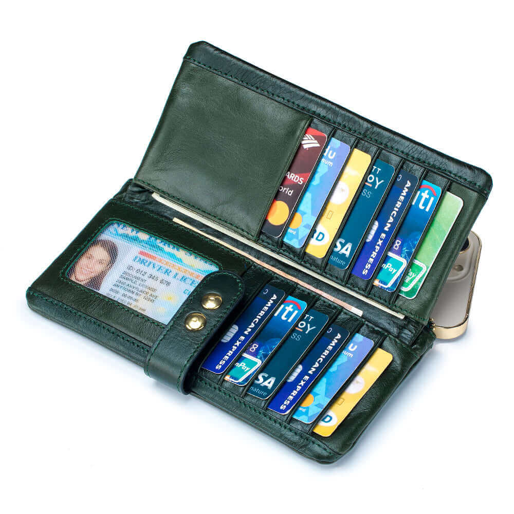 Stylish women’s retro leather wallet with ID window and card storage.