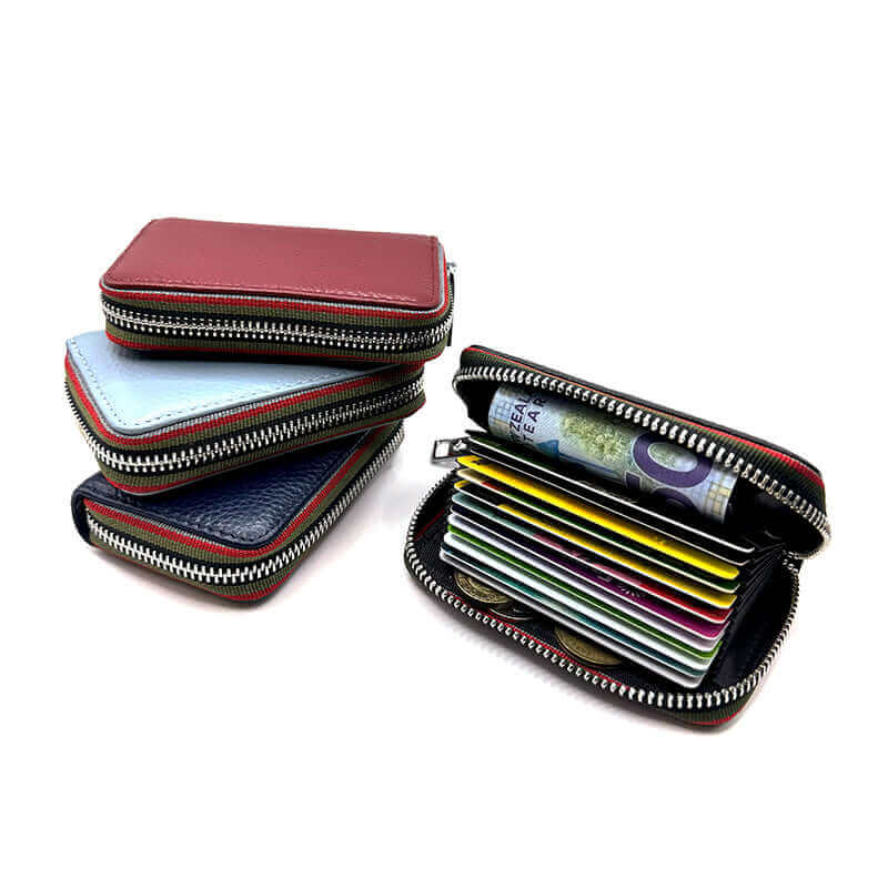 Women's RFID leather card holder with colorful edge design, providing space for cards and coins.