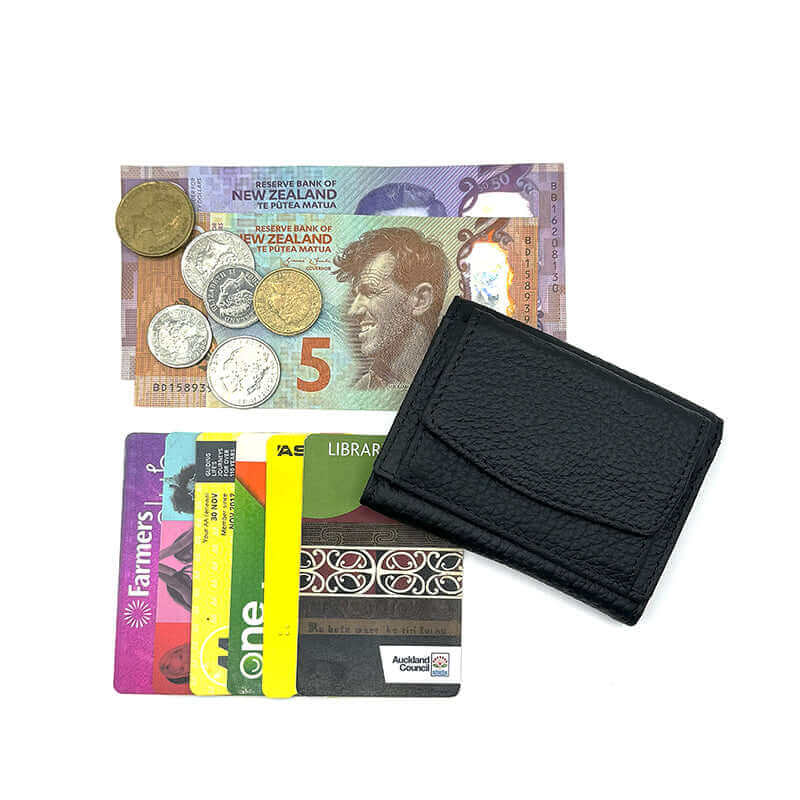 Women's RFID genuine leather mini wallet in black, featuring 6 card slots and 1 coin pocket for secure storage.