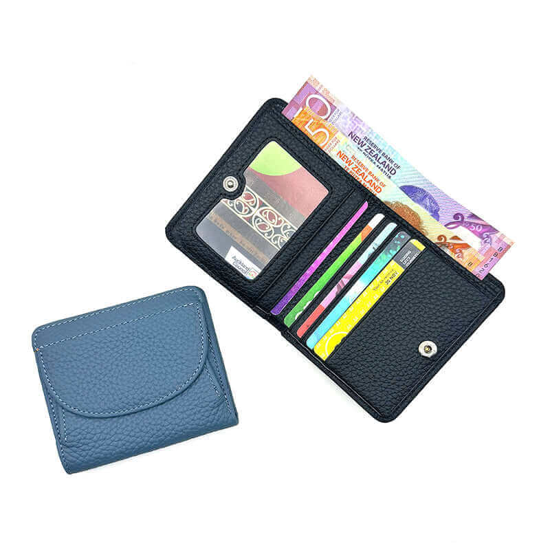 Women's RFID slim wallet made from genuine leather, available in multiple colors and designed for style and function.