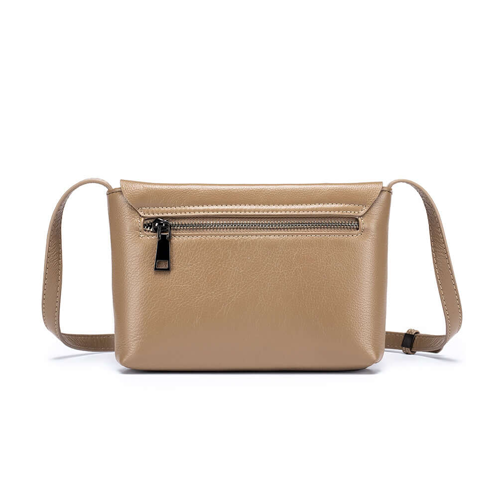 Back view of a women's small khaki leather crossbody bag.