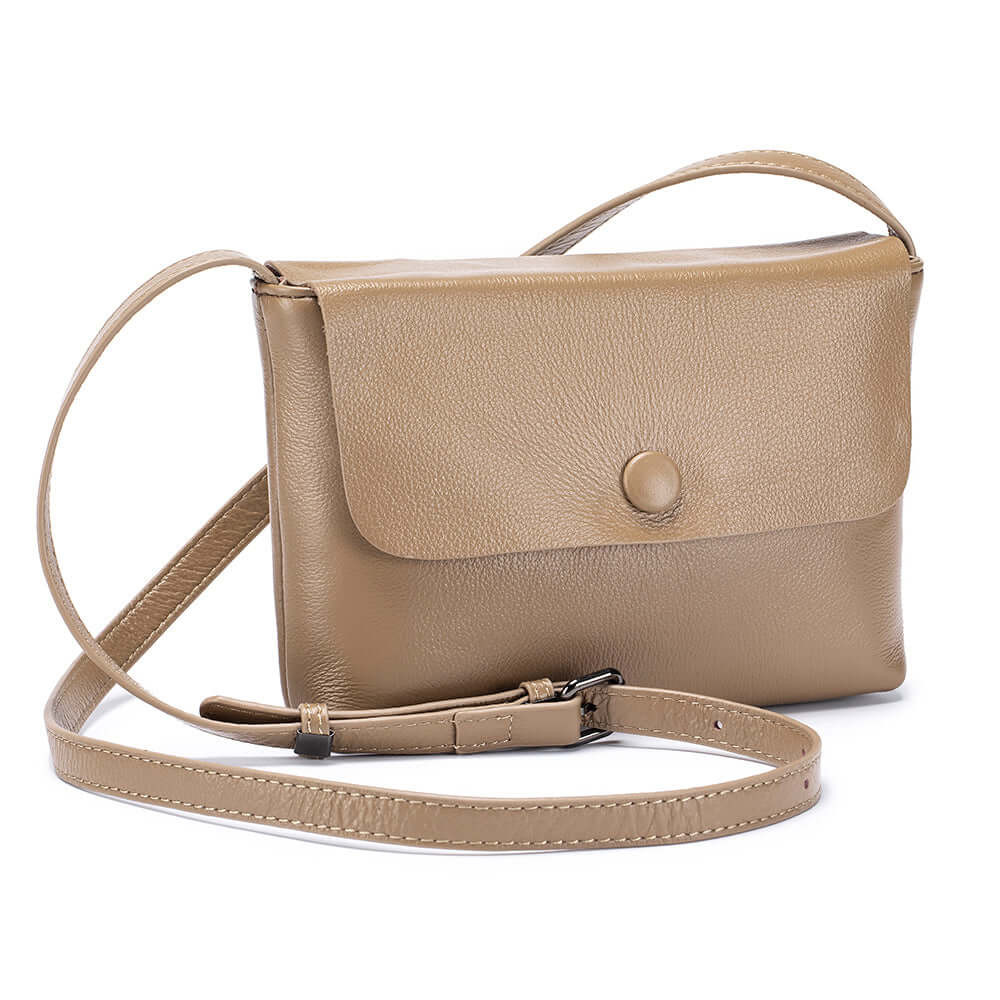 Women's small khaki leather crossbody bag for daily use.