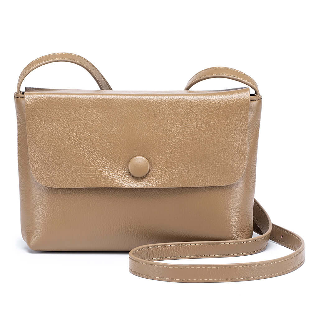 Stylish design of a women's small khaki leather crossbody bag.