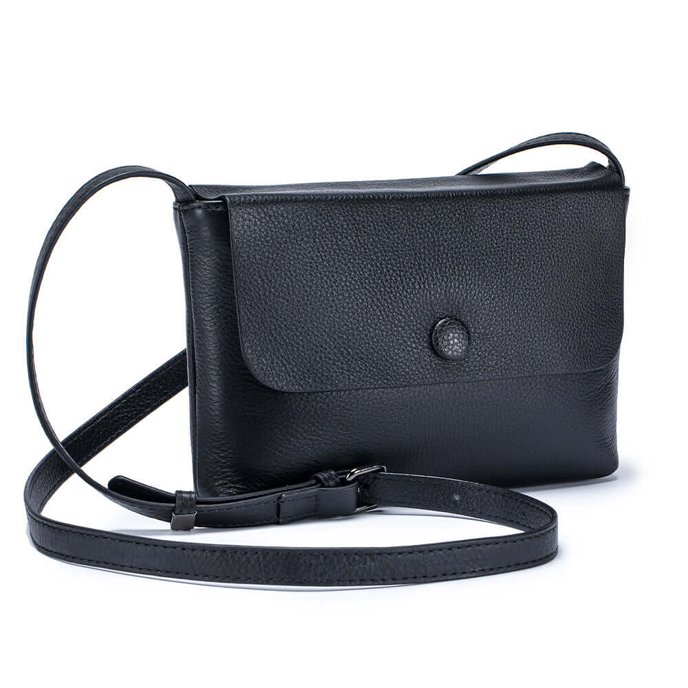 Zipper pocket detail on a women's small black leather crossbody bag.