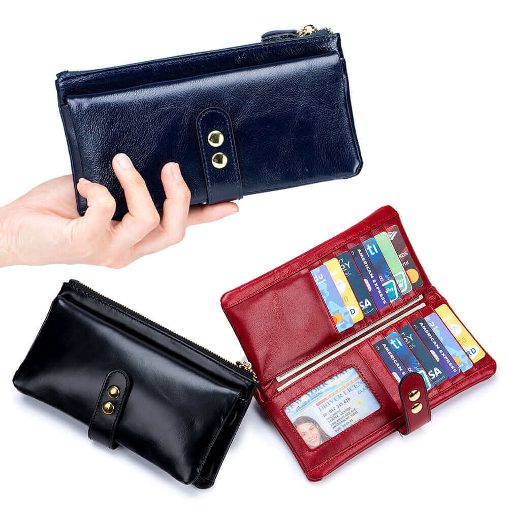 Vintage leather wallet in black, red, and blue color options