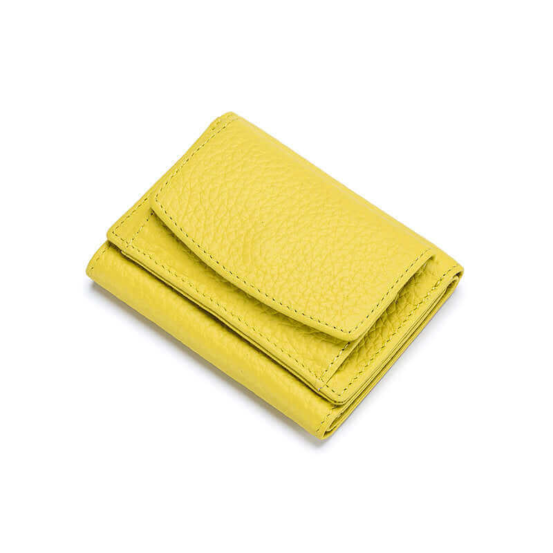 Women's yellow leather wallet with RFID protection, offering organized compartments for cards and coins.