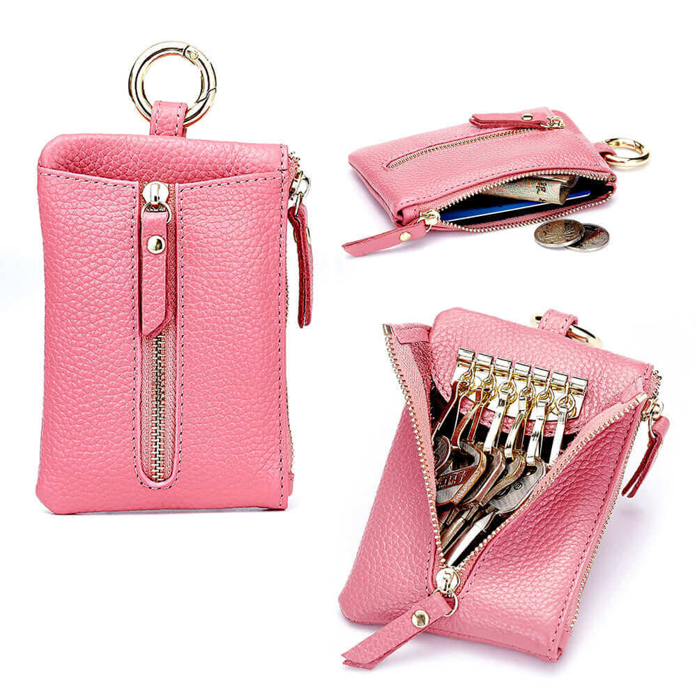 Women's Leather Zipper Key Holder for Keys and Cards