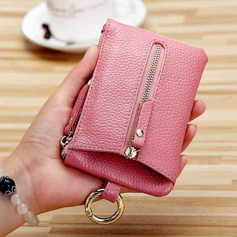 Women's Leather Zipper Key Holder for Keys and Cards