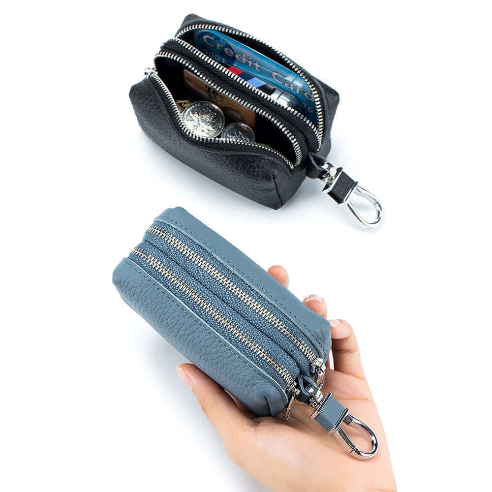 Leather Double Zipper Key Card Coin Case Holder Wallet