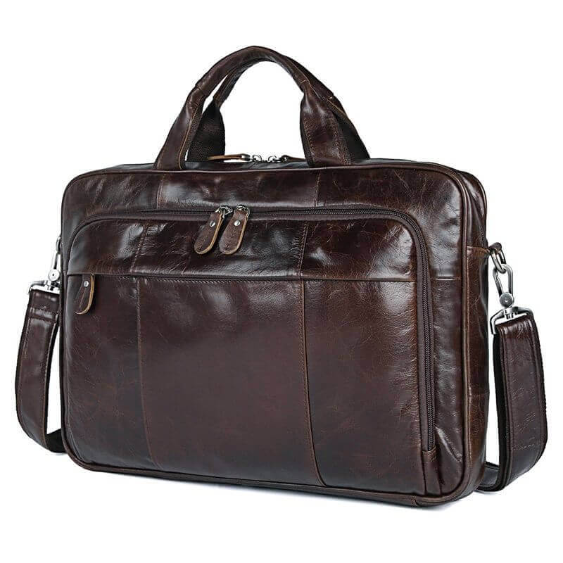 Men's vintage brown leather laptop bag front view.