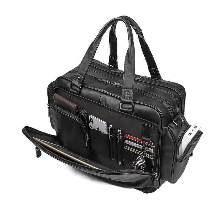 Interior view of men's leather laptop bag showcasing compartments