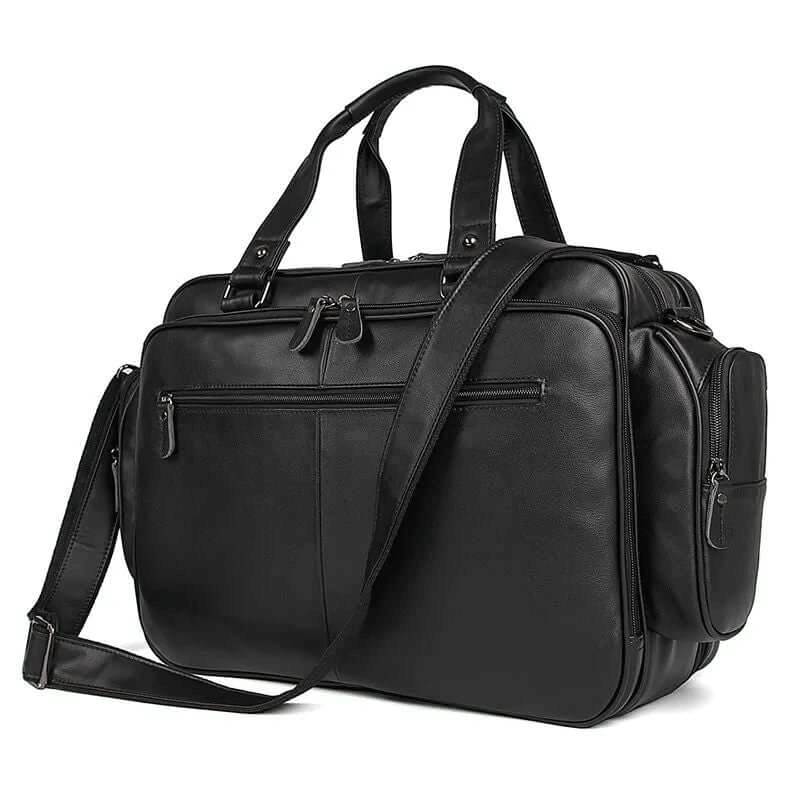 Front view of men's leather laptop bag with sleek design