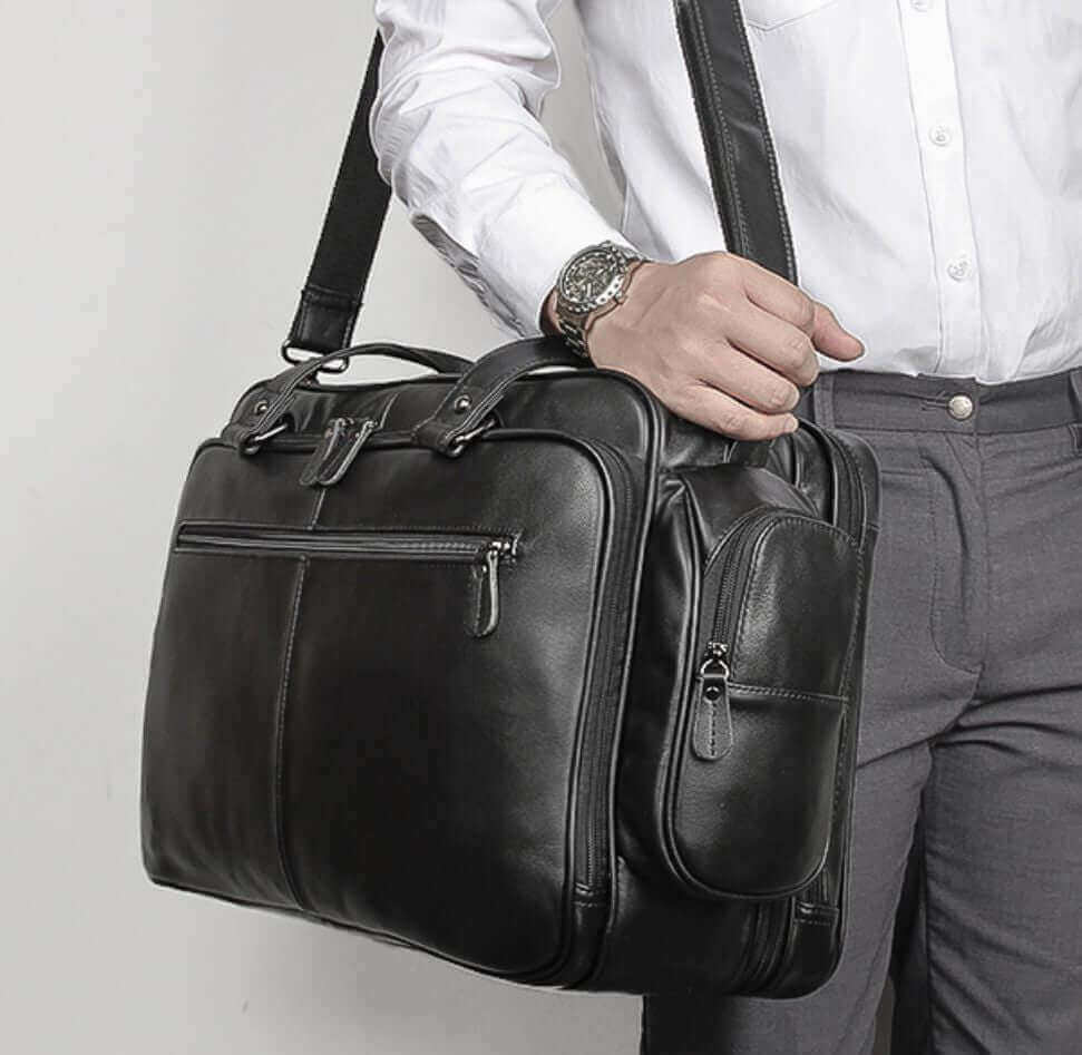 Men's leather laptop bag featuring a spacious laptop compartment