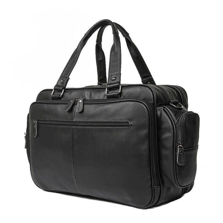 Side profile of men's leather laptop bag showing durability