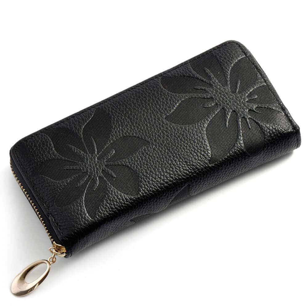 Front view of black embossed leather wallet for women.