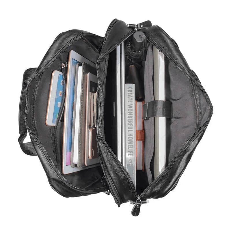 Inside view of the Men's Black Leather Laptop Bag compartments.