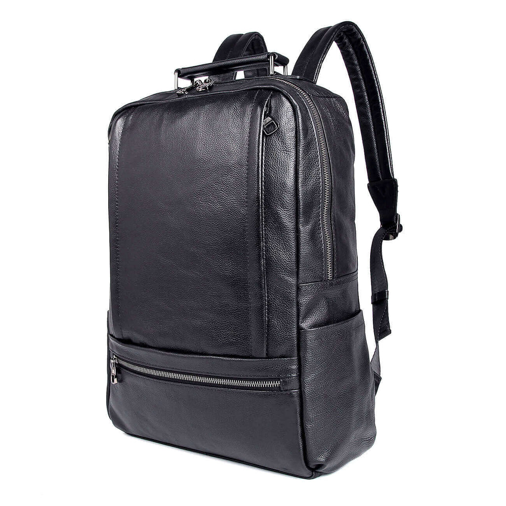 Black leather laptop backpack designed for 17-inch laptops in NZ.