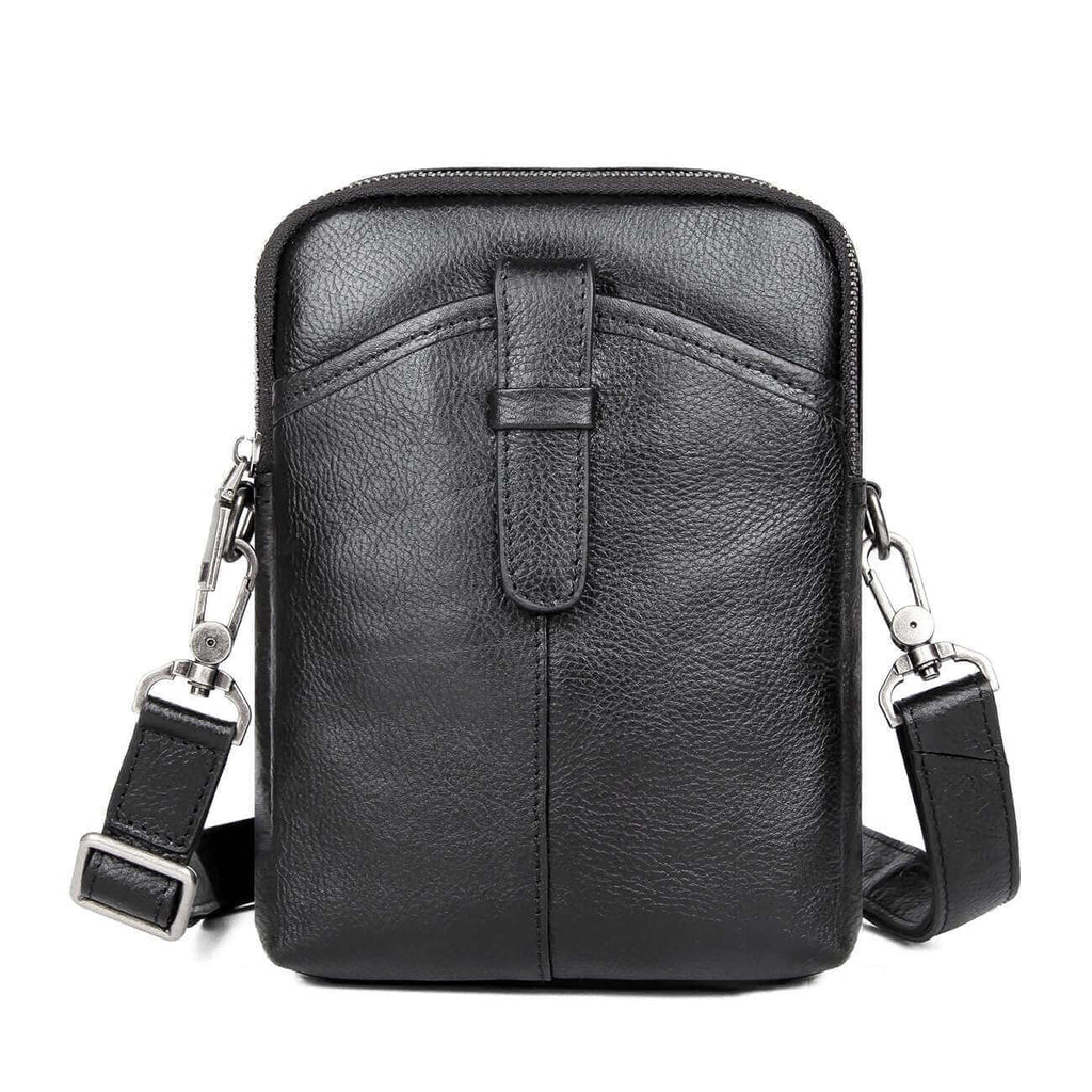 Front view of a black leather men's crossbody bag with sleek design.