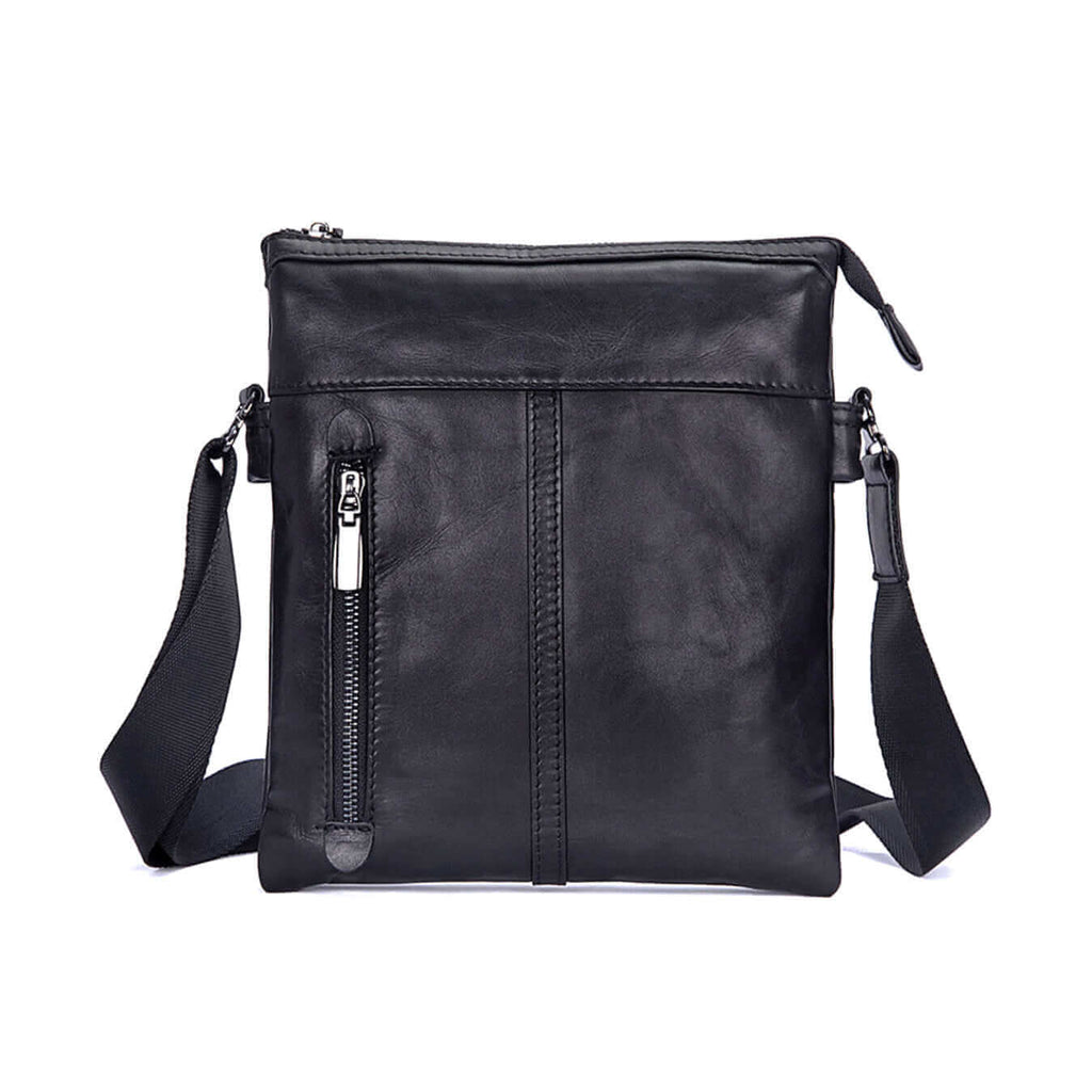 Front view of a black leather slim crossbody bag for men.