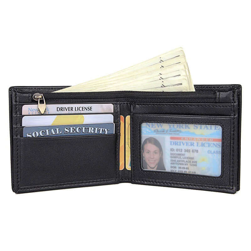 Black leather wallet showing a photo window and card slots.