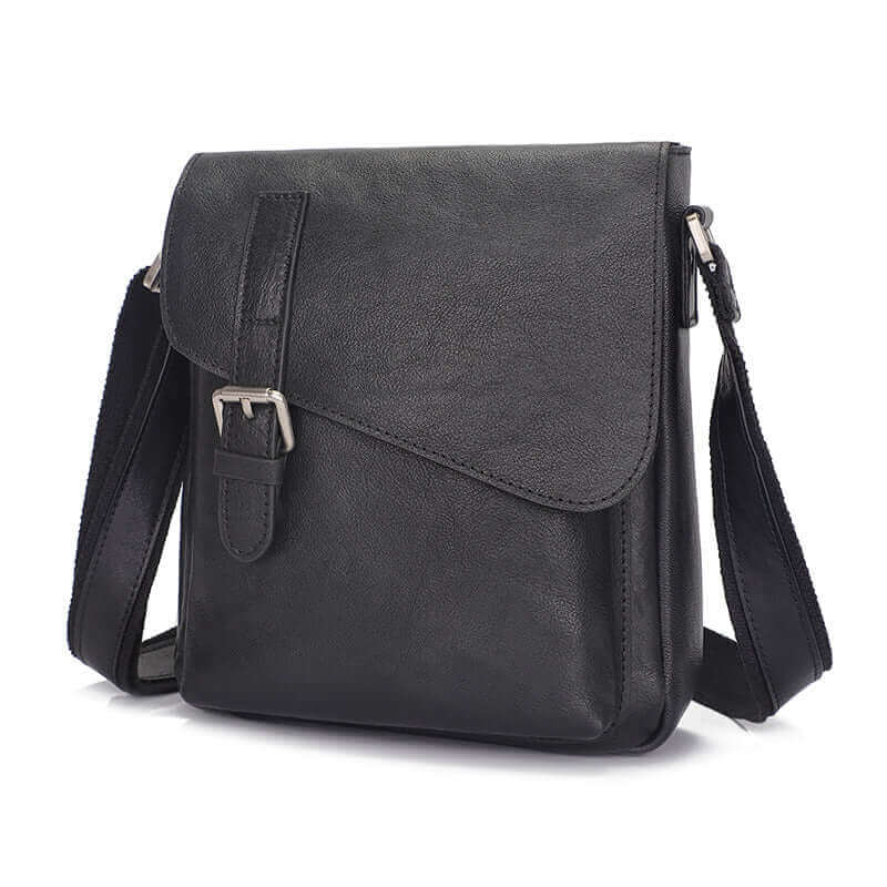 Classic black men’s leather crossbody bag with functional design.