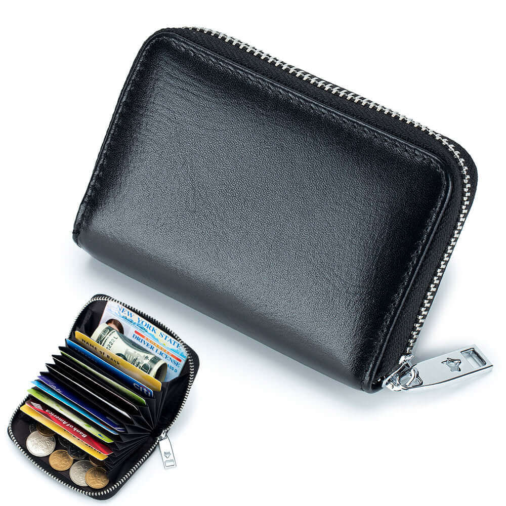 Black men's RFID leather card holder with multiple card slots and coin compartment