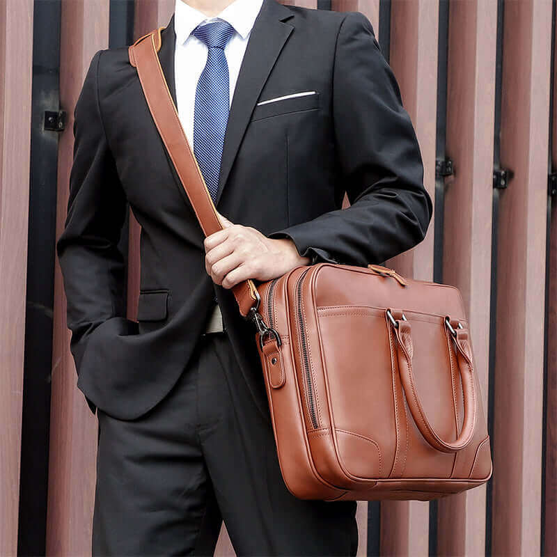 Professional cowhide leather laptop bag for business use.