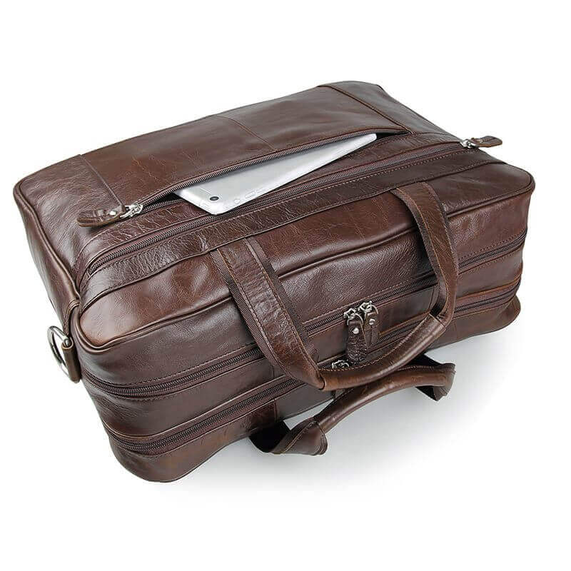 Brown leather laptop bag designed for 17-inch laptops.