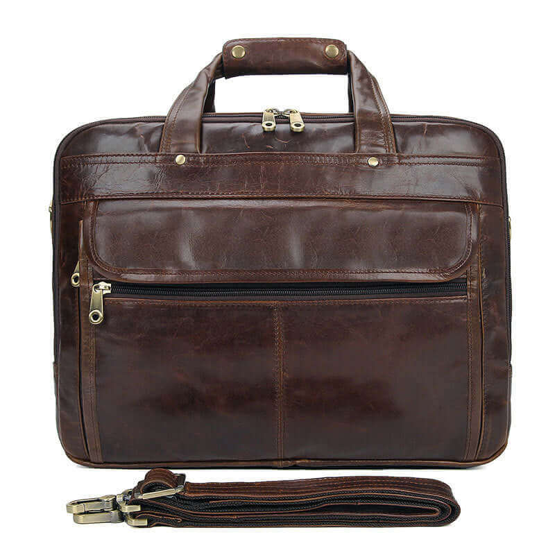 Front view of the Men's Brown Leather Laptop Bag.