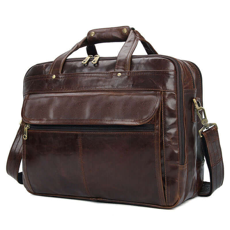 Hand-carry option of the Men's Brown Leather Laptop Bag.